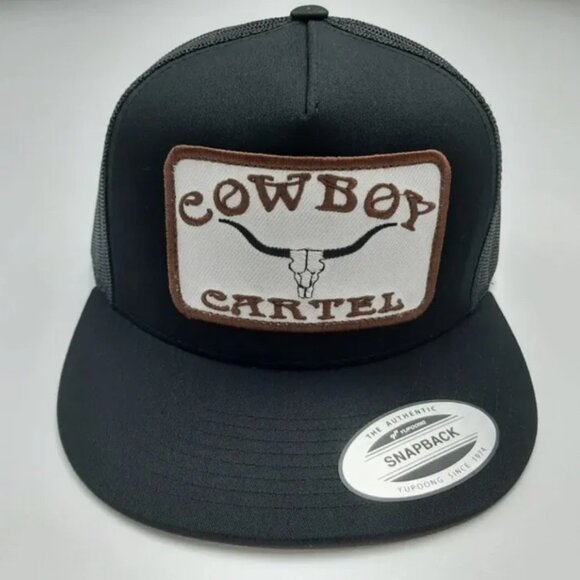 Cowboy Cartel Flat Bill Mesh Snapback Trucker Hat Cap Black Embroidered Patch - Picture 2 of 3